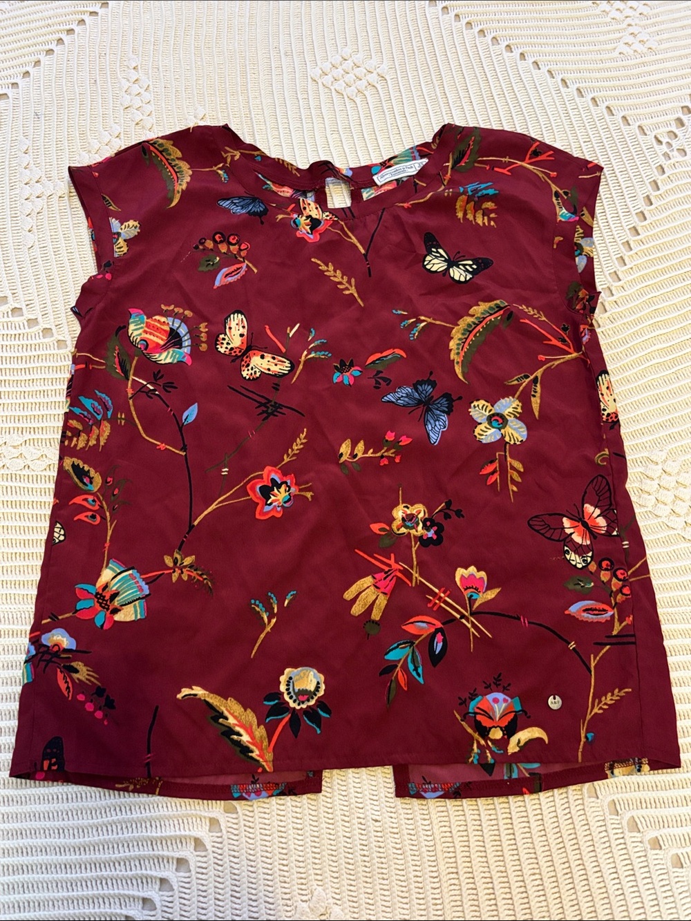 Abercrombie & Fitch Burgundy Floral Butterfly Cap-Sleeve Blouse